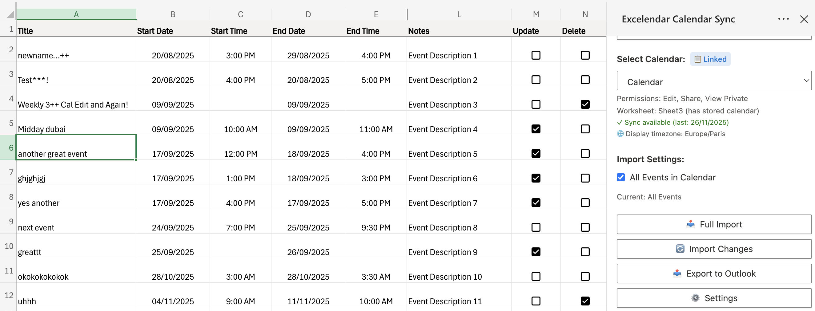 Update and Delete checkboxes in action